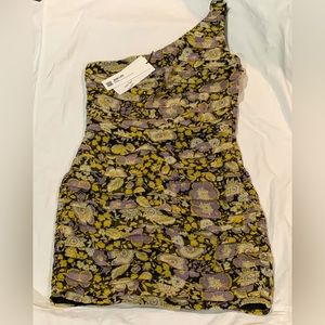 Zara One-Shoulder Mini Dress in Black, Yellow & Lilac Floral